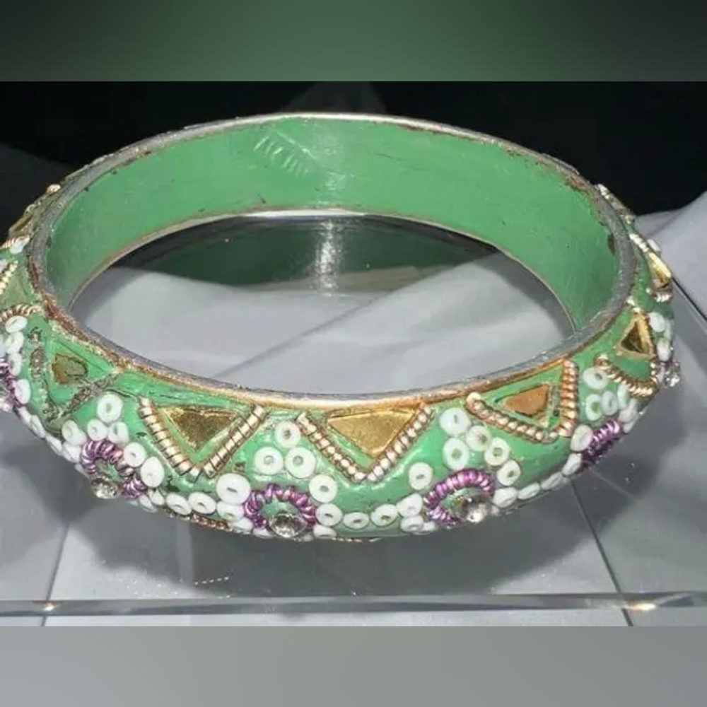 Vintage Indian Green Beaded/Embellished Enamel Bangle Bracelette